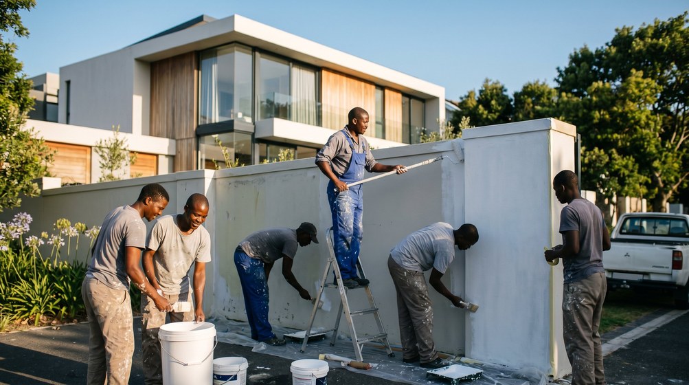 Professional team painting a boundary wall at a modern home in Wynberg