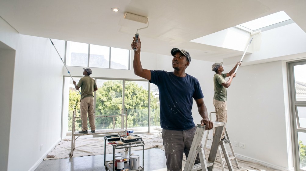 Professional ceiling painters rolling white paint onto a high ceiling in Wynberg