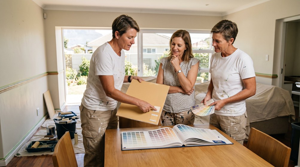 Professional colour consultant showing paint swatches to a homeowner in Wynberg
