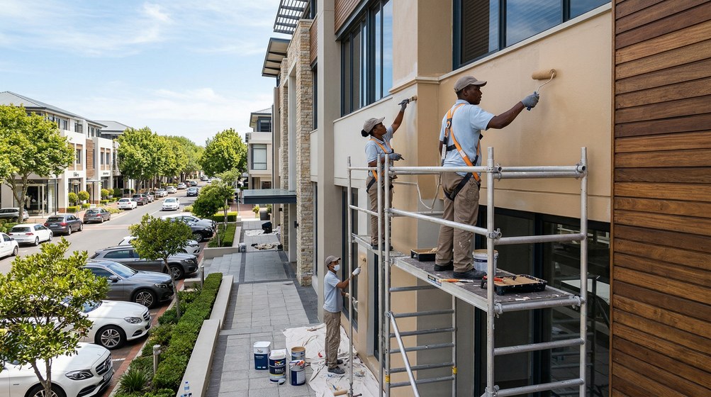 Professional commercial painters on scaffolding painting a building in Wynberg