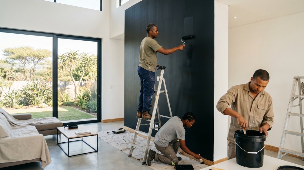 Professional painters creating a bold black feature wall in a modern Wynberg home