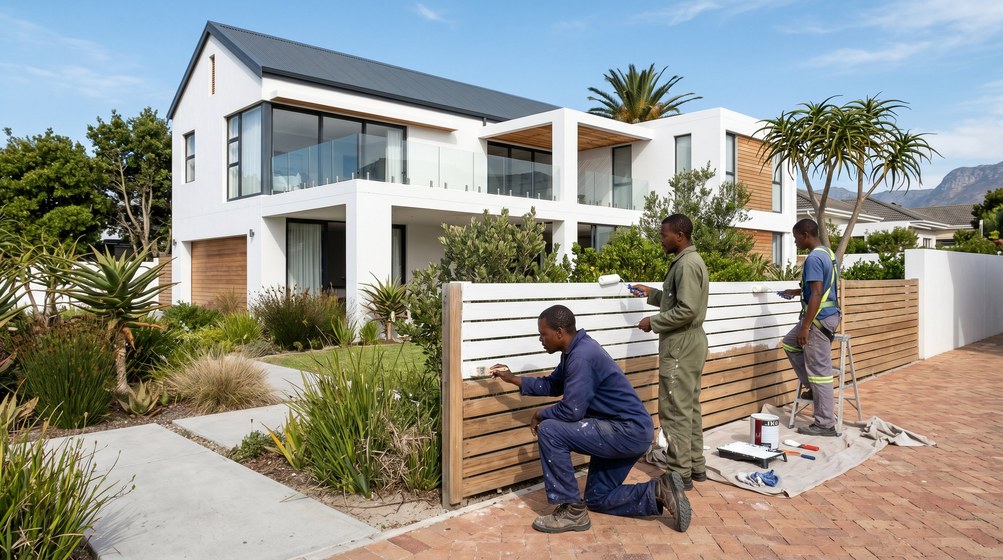 Professional fence painters painting a wooden fence at a Wynberg home in Wynberg