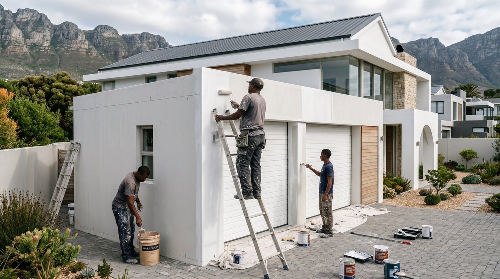 Professional painters painting a double garage exterior and garage doors in Wynberg