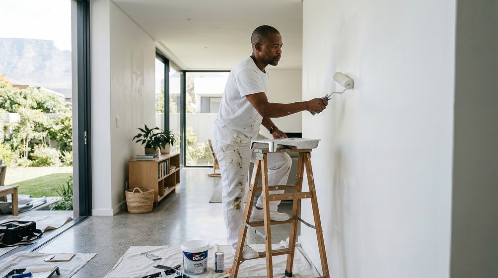 Professional interior painter in Wynberg painting walls with a roller