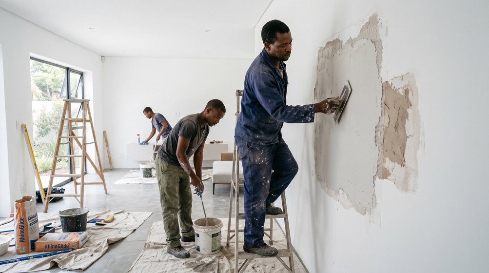 Professional plaster repair team skim coating damaged walls in Wynberg