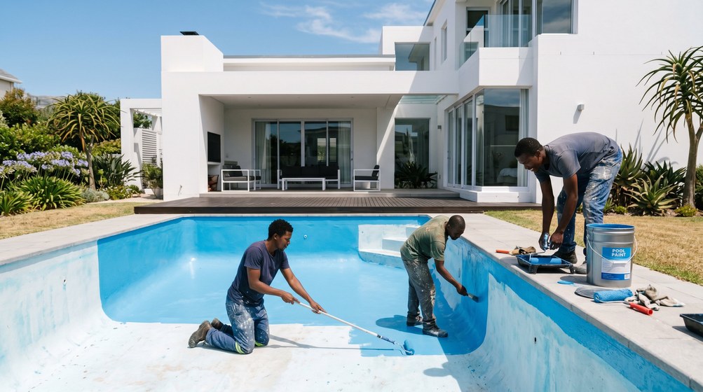 Professional pool painters applying blue pool paint to a swimming pool in Wynberg