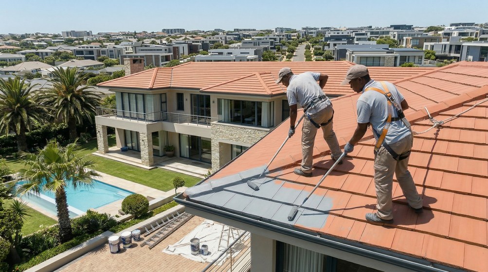 Professional roof painters applying waterproof coating to tiled roof in Wynberg