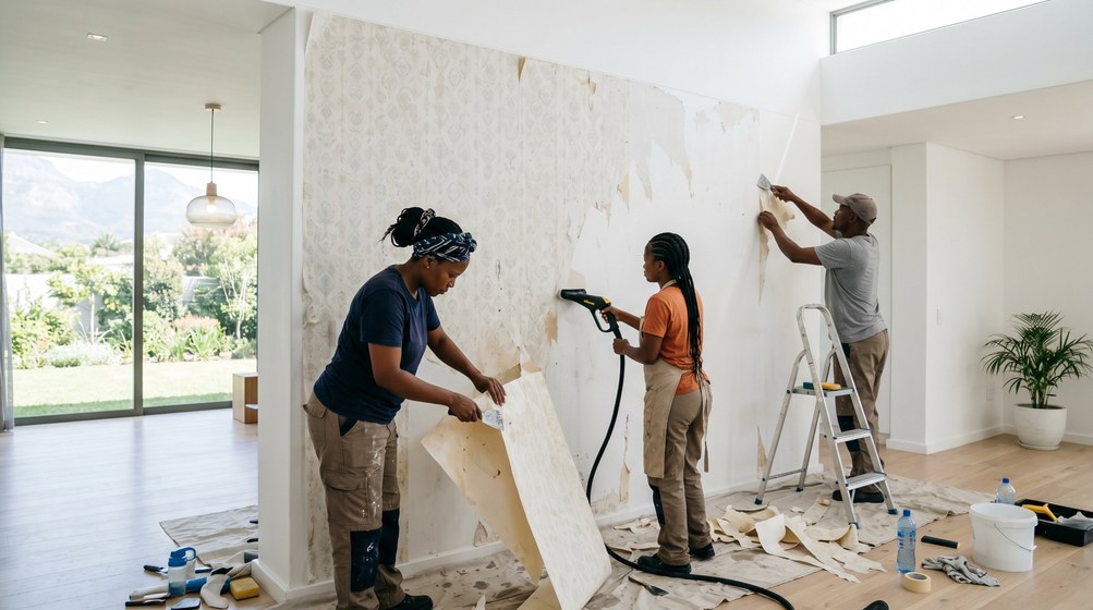 Professional wallpaper removal team stripping old wallpaper in a Wynberg home