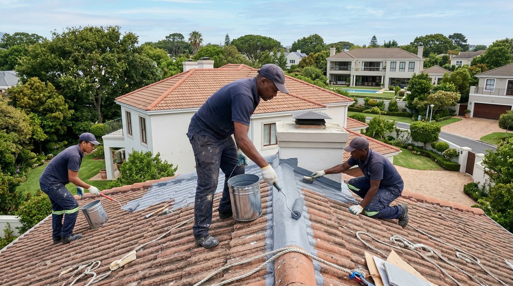 Professional waterproofing team applying membrane to roof in Wynberg