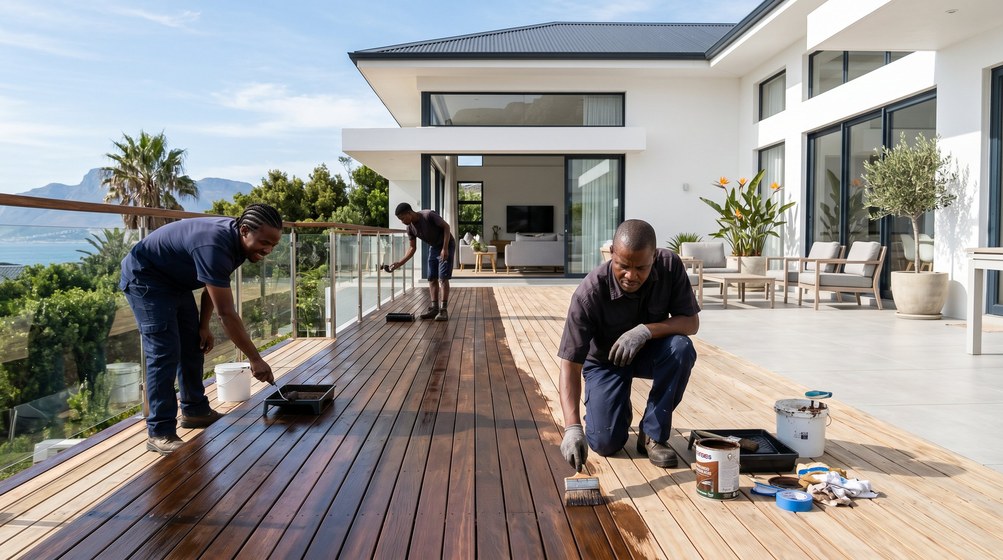 Professional wood staining team applying deck stain on a home in Wynberg